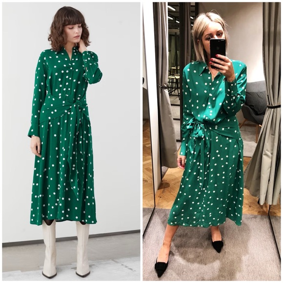 & Other Stories / Green Polka Dot Tie Midi Dress 0